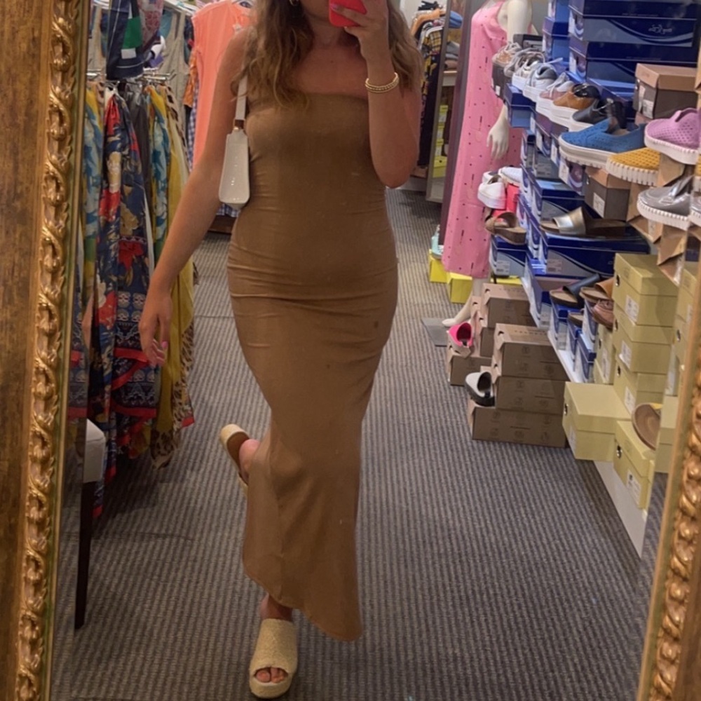 brown rollercoaster strapless maixi dress